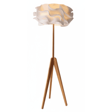 A floor lamp with a wooden tripod base and a white, sculptural lampshade. The lampshade features a layered, organic design reminiscent of petals or waves, allowing light to diffuse through its translucent material. The central stem is also wooden, supporting the lampshade. — 3D model (AI enhanced source)