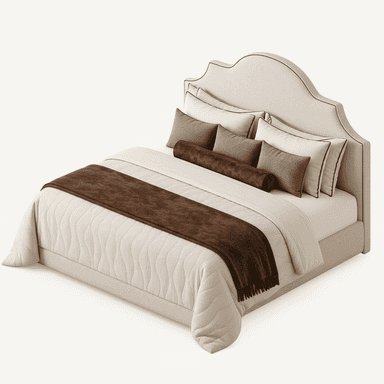 An elegant upholstered bed featuring a distinctive scalloped headboard with contrasting piping. The bed frame is fully upholstered in a light beige fabric, complemented by layered bedding in similar neutral tones with brown accents. The headboard's ornate silhouette provides a classical touch to the otherwise contemporary design. — 3D model (AI enhanced source)