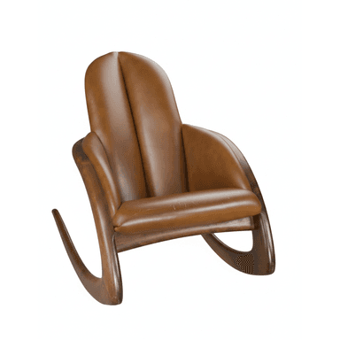 A mid-century modern style rocking chair featuring a dark wood frame with elegant curved lines and rich brown leather upholstery on the seat, back, and armrests. The backrest is divided into two plush sections. — 3D model (AI enhanced source)