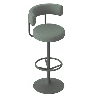 A modern bar stool featuring a circular upholstered seat and a curved, low backrest. The upholstery is a sage green or grey-green textured fabric. The stool stands on a dark gray metal pedestal base with an integrated circular footrest and a round disc footplate. — 3D model (AI enhanced source)