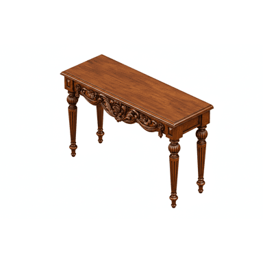 A rectangular wooden console table with rich, dark brown finish, featuring extensive floral and foliate carvings along the apron and supported by four turned and fluted legs. — 3D model (AI enhanced source)
