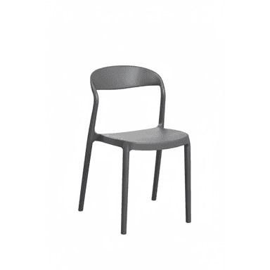 A minimalist, armless side chair constructed from a single piece of molded gray plastic, featuring a curved backrest, a flat seat, and four integrated, slightly tapered legs. — 3D model (AI enhanced source)
