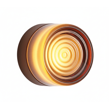 A circular wall-mounted light fixture featuring a metallic housing and a translucent diffuser. The diffuser has a concentric ring pattern and glows with a warm, amber-like light, transitioning from bright yellow at the center to a darker orange/brown towards the edge. — 3D model (AI enhanced source)