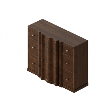 A dark brown wooden chest of drawers featuring a distinctive wavy or fluted front design on its central drawers, flanked by straight-front drawers on either side. All drawers are fitted with small, round brass knobs. The piece has a rich, visible wood grain. — 3D model (AI enhanced source)