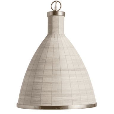 A bell-shaped pendant light featuring a shade made from finely woven natural fibers, likely rattan or bamboo, in a light beige color. The shade has a conical form, widening towards the bottom, and is accented with polished brass bands at the top and along the bottom rim. A small brass loop at the top is for suspension. — 3D model (AI enhanced source)
