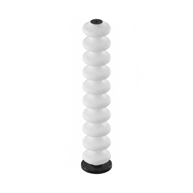 A tall, slender contemporary floor lamp featuring a column of stacked, frosted ovoid segments. The segments diffuse light evenly, creating a soft ambient glow. The lamp is supported by a flat, circular black base, and topped with a small, flat black cap, maintaining a minimalist aesthetic. — 3D model (AI enhanced source)