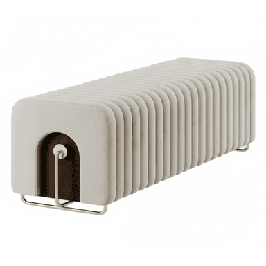 A modern rectangular bench featuring continuous ribbed upholstery in a light beige or cream color. The bench is supported by a minimalist, U-shaped brass frame that integrates into the structure, visible at both ends. One end incorporates a distinctive arched cut-out revealing a dark wood interior with a central brass disc and rod detail. — 3D model (AI enhanced source)