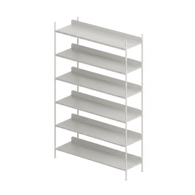 A minimalist six-tier shelving unit with a white or light gray finish, constructed from slim tubular metal for the frame and flat metal panels for the shelves. Each shelf features a subtle raised lip at the back. — 3D model (AI enhanced source)