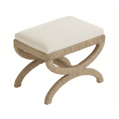 A rectangular upholstered bench featuring an X-shaped curule base fully wrapped in natural fiber rope, topped with a light cream fabric cushion. — 3D model (AI enhanced source)