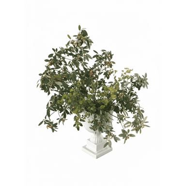 A decorative faux botanical arrangement featuring green foliage with small berries, set within a white, neoclassical-style urn. The urn has a classical fluted body and rests on a square stepped base. — 3D model (AI enhanced source)