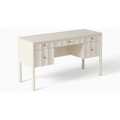 A light-colored, contemporary desk featuring a rectangular top with subtly rounded corners, supported by four tapered cylindrical legs. The desk includes multiple drawers, with the drawer fronts showcasing a distinct fluted or scalloped design, creating a textural element. Small, dark-toned spherical drawer pulls are present on each drawer. The overall aesthetic is clean and modern, with a focus on tactile surface detail. — 3D model (AI enhanced source)