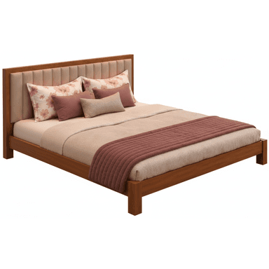 A contemporary platform bed featuring a warm-toned wooden frame and a padded, upholstered headboard with vertical channel tufting. The bed is adorned with coordinated bedding, including pillows with floral patterns, solid pink pillows, a beige fitted sheet, a light brown duvet, and a rust-colored quilted throw blanket. — 3D model (AI enhanced source)