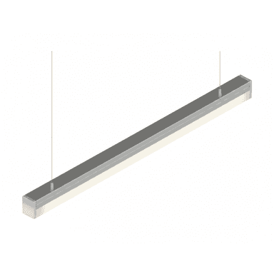 A modern, minimalist linear LED pendant light, suspended by two thin wires. It features a rectangular metallic housing, likely aluminum, with a translucent diffuser running along its length, indicating integrated LED illumination. — 3D model (AI enhanced source)