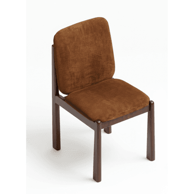 An armless chair featuring a dark brown wooden frame and plush brown velvet upholstery on both the seat and backrest. The design is minimalist with clean lines and sturdy, slightly tapered legs. — 3D model (AI enhanced source)