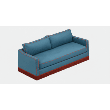 A contemporary sofa upholstered in a vibrant teal blue fabric, featuring square arms and a tight back. The base is adorned with a deep red fringe skirt, and all edges of the cushions, arms, and backrest are highlighted with contrasting red piping. — 3D model (AI enhanced source)