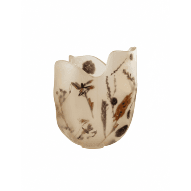A unique translucent resin vessel, organically shaped with an irregular, wavy rim. The material encases various dried botanical elements including leaves, grasses, a red flower, and a prominent dragonfly. The vessel exhibits a creamy, amber-like hue, allowing the natural inclusions to be clearly visible within its structure. The bottom is slightly narrower, forming a stable base. — 3D model (AI enhanced source)