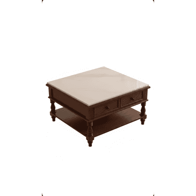 A square, traditional style coffee table featuring a dark wood frame, a white marble slab top, two functional drawers, and a lower display shelf. The table is supported by four turned legs. — 3D model (AI enhanced source)