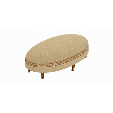 An oval-shaped, upholstered ottoman featuring a light beige fabric, a decorative geometric trim band, and traditional turned wooden legs with brass casters. — 3D model (AI enhanced source)