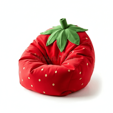 A vibrant red bean bag chair designed to resemble a strawberry, complete with green leaves and a stem at the top, and small golden yellow 'seeds' scattered across its surface. — 3D model (AI enhanced source)