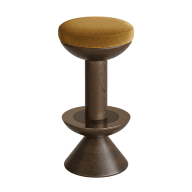 A modern bar stool featuring a round mustard-yellow velvet upholstered seat, supported by a dark-stained cylindrical wood pedestal and a conical wood base, accented with a metallic ring. — 3D model (AI enhanced source)