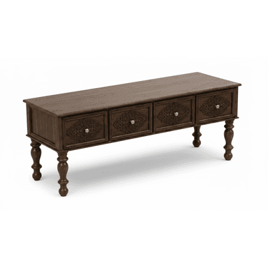 A low-profile media console crafted from dark wood, featuring a long rectangular top and supported by four elegantly turned legs. The front facade is adorned with four individual drawers, each embellished with intricate, mandala-inspired carvings and fitted with small, round, silver-colored knobs. The overall aesthetic suggests a traditional or bohemian influence. — 3D model (AI enhanced source)