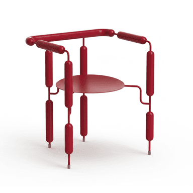 A modern, avant-garde chair constructed from tubular metal. The chair features a circular seat and a backrest formed by horizontal bars. Vertical elements with rounded ends extend downwards from the seat and armrests, creating a distinctive visual effect. The overall design is minimalist and sculptural. — 3D model (AI enhanced source)