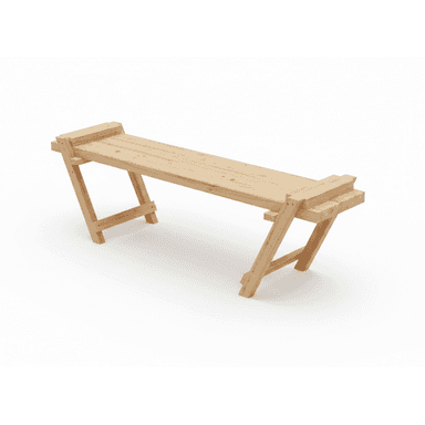 A minimalist slatted wooden bench with angled A-frame style legs, featuring light natural wood and visible, straightforward joinery. — 3D model (AI enhanced source)