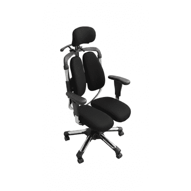 An ergonomic office chair featuring a unique split backrest and bifurcated seat, both upholstered in black fabric. It has a contoured headrest, adjustable armrests, and a polished metal five-star base with casters. — 3D model (AI enhanced source)