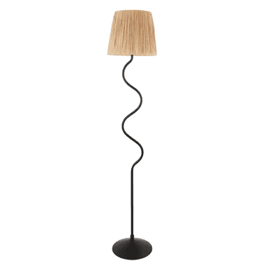 A modern floor lamp featuring a distinctive wavy metal stem and a natural raffia shade. The lamp has a matte black finish on its base and stem, which contrasts with the light, textured material of the conical shade. The stem forms an 'S' shape, providing a sculptural element to the design. The circular flat base ensures stability. — 3D model (AI enhanced source)