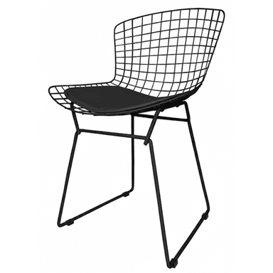 A modern black wire grid chair with a minimalist design, featuring a curved backrest and seat made from a grid of metal wires. A separate, upholstered black cushion rests on the seat. The chair is supported by a sled-style base, also constructed from black metal, creating a sleek and contemporary appearance. — 3D model (AI enhanced source)