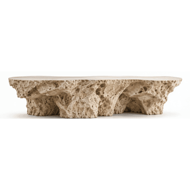 A long, low coffee table crafted from light beige travertine, featuring a highly textured and porous base with an organic, cave-like, brutalist form. The top surface is a relatively flat slab, contrasting with the rugged, sculpted underside. The design emphasizes natural material and a raw, monumental aesthetic. — 3D model (AI enhanced source)