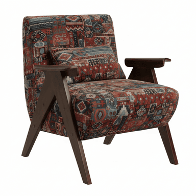 An upholstered lounge chair featuring a distinctive Kilim-style fabric pattern and an exposed dark-stained wooden frame. The chair has a comfortable, reclined posture, with broad wooden armrests and splayed legs. A small, matching lumbar pillow is included. — 3D model (AI enhanced source)