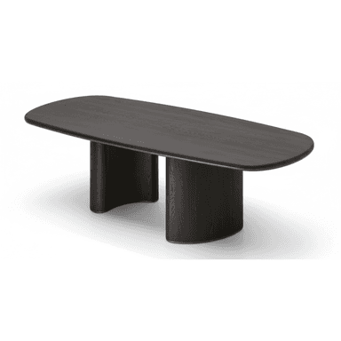 A modern, dark wood dining table with a rounded rectangular top and two substantial, curved pedestal bases. The wood grain is visible, suggesting a natural wood veneer or solid wood construction. — 3D model (AI enhanced source)