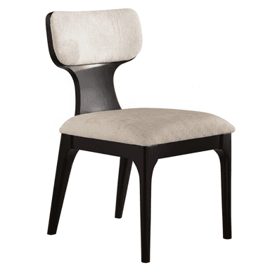 A contemporary dining chair featuring a dark-stained solid wood frame and light beige textured fabric upholstery. The chair has a distinctive curved backrest support that connects the upholstered back pad to the seat frame, and four sturdy tapered legs. — 3D model (AI enhanced source)