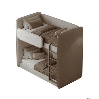 A modern bunk bed with a sleek, rounded design. The structure features a top and bottom sleeping area, a ladder for access to the upper bunk, and integrated side panels for safety and aesthetic appeal. The beds are dressed with bedding in neutral tones. — 3D model (AI enhanced source)