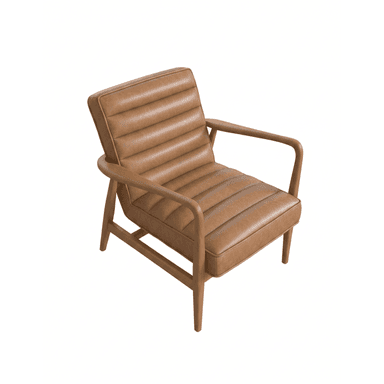 A stylish lounge chair featuring a light-colored wooden frame with open, curved armrests and tapered legs. The seat and backrest are upholstered in tan, channel-tufted leather, giving it a distinctive Mid-Century Modern aesthetic. — 3D model (AI enhanced source)