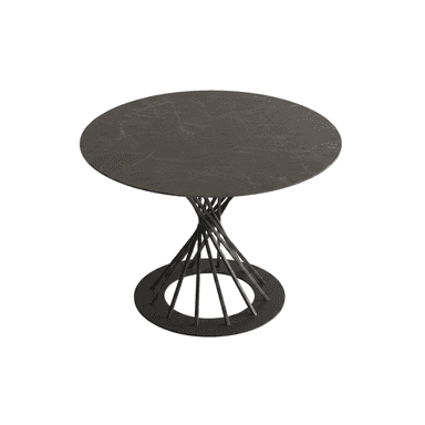 A round dining table with a dark, marbled top and a sculptural metal base. The base consists of thin, vertical metal rods twisted into a helix shape, supported by a flat circular base. — 3D model (AI enhanced source)