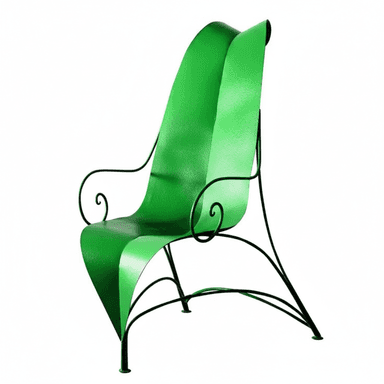 A highly sculptural accent chair featuring a vibrant green, leaf-like form for the seat and backrest, supported by a slender black wrought iron frame with delicate scrollwork armrests. — 3D model (AI enhanced source)