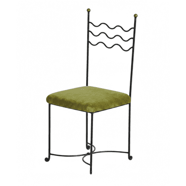 An ornate side chair featuring a black wrought iron frame, an upholstered olive green velvet seat, and a distinctive wavy backrest. The uprights of the backrest are topped with small brass sphere finials, and the base of the legs includes decorative scrolls. — 3D model (AI enhanced source)