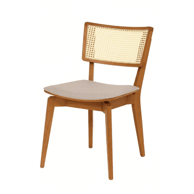A modern dining chair with a wooden frame and a cane-woven backrest. The seat is upholstered in a light-colored fabric. The chair has four tapered legs and a gently curved back. — 3D model (AI enhanced source)