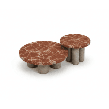 A set of two circular coffee tables with distinct leg structures. The larger table features a dominant reddish-brown marble top with white veining, supported by three cylindrical legs made of a speckled material resembling terrazzo or concrete. The smaller table shares the same marble top design and leg material, with three cylindrical legs. — 3D model (AI enhanced source)