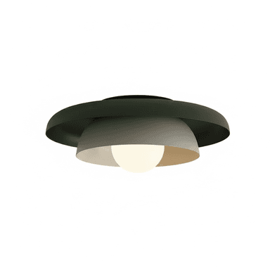 A modern ceiling light fixture featuring a layered design. The outermost shade is a wide, shallow dark green metal disc, while an inner, smaller, light grey or beige dome-shaped shade is positioned beneath it. A spherical white diffuser protrudes from the center of the inner dome, emitting a soft, diffused light. The fixture appears to be designed for flush or semi-flush mounting to a ceiling. — 3D model (AI enhanced source)