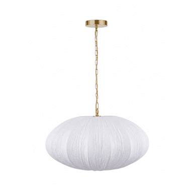 A contemporary pendant light featuring an oblong, textured white fabric shade suspended by a gold-toned metal chain and canopy. — 3D model (AI enhanced source)