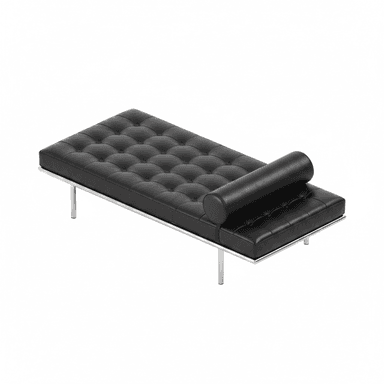 A tufted black leather daybed with a cylindrical bolster pillow. The daybed has a sleek, modern design with a polished chrome frame and thin, cylindrical legs. The upholstery features deep button tufting arranged in a diamond pattern across the main seating surface. — 3D model (AI enhanced source)