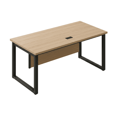 A modern rectangular office desk featuring a light wood grain laminate top, a black powder-coated steel frame, and an integrated cable management grommet. — 3D model (AI enhanced source)