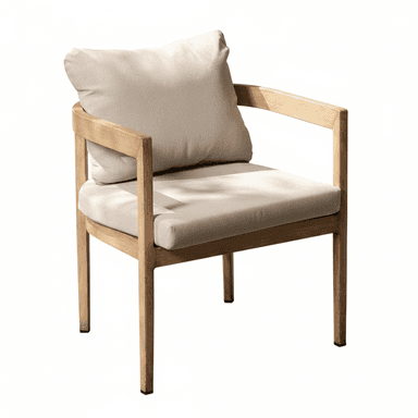 A contemporary armchair featuring a light-toned wooden frame and thick, neutral-colored fabric cushions. The design is minimalist, with straight lines and open armrests, presenting a clean and inviting aesthetic. The chair includes a separate back pillow for added comfort. — 3D model (AI enhanced source)