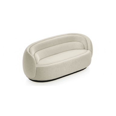 A contemporary loveseat featuring a deeply curved back and integrated arms, upholstered in a cream-colored boucle fabric. The design is characterized by its fluid lines and low-profile, channel-tufted backrest, resting on a recessed dark base. — 3D model (AI enhanced source)