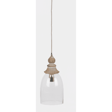 A modern pendant light featuring a natural wood finial and a clear bell-shaped glass shade, suspended by a grey braided textile cord. The light fixture has a minimalist design, showcasing the grain of the wood and the transparency of the glass. — 3D model (AI enhanced source)