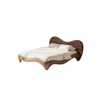 A modern platform bed with an organically shaped wooden frame and an integrated curved headboard, featuring a dark walnut wood finish and clean white bedding. — 3D model (AI enhanced source)
