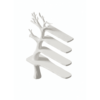 A modern, free-standing shelving unit designed with a distinctive sculptural tree-like form. It features a central organic support structure with branches extending outwards to hold four flat, asymmetrical shelves, all rendered in a matte white finish. — 3D model (AI enhanced source)